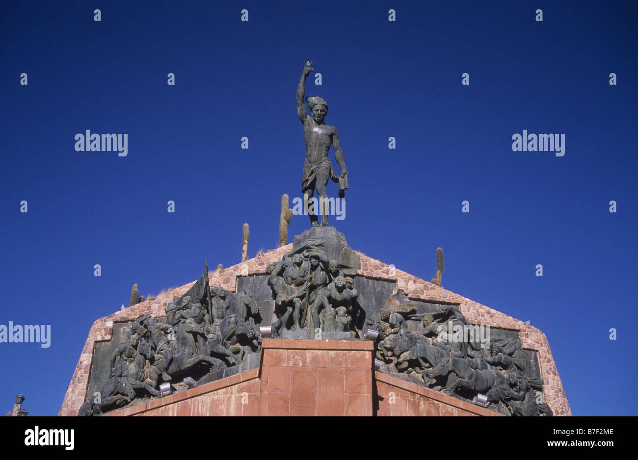 Detail of sculpture of indigenous leader on top of the Independence Heroes monument / Monumento a los Héroes de la Independencia, Humahuaca, Argentina Stock Photo
