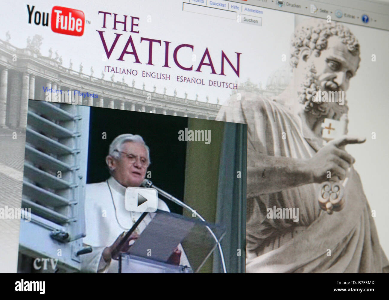 screenshot of the vaticans internet platform at youtube shows Pope Benedikt XVI. Stock Photo