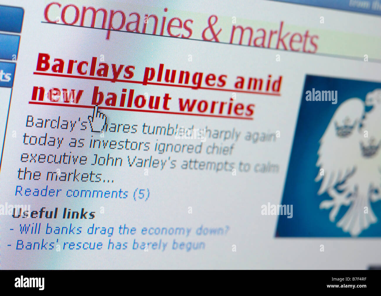 COMPUTER SCREEN WEB SITE BARCLAYS BANK SHARE PRICE FALL CRASH TUMBLE BAIL OUT Stock Photo