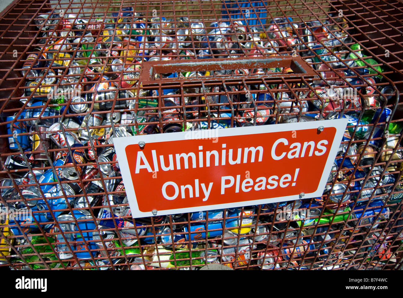 Aluminium cans recycling bin, Rakaia, Ashburton District, Canterbury, New Zealand Stock Photo