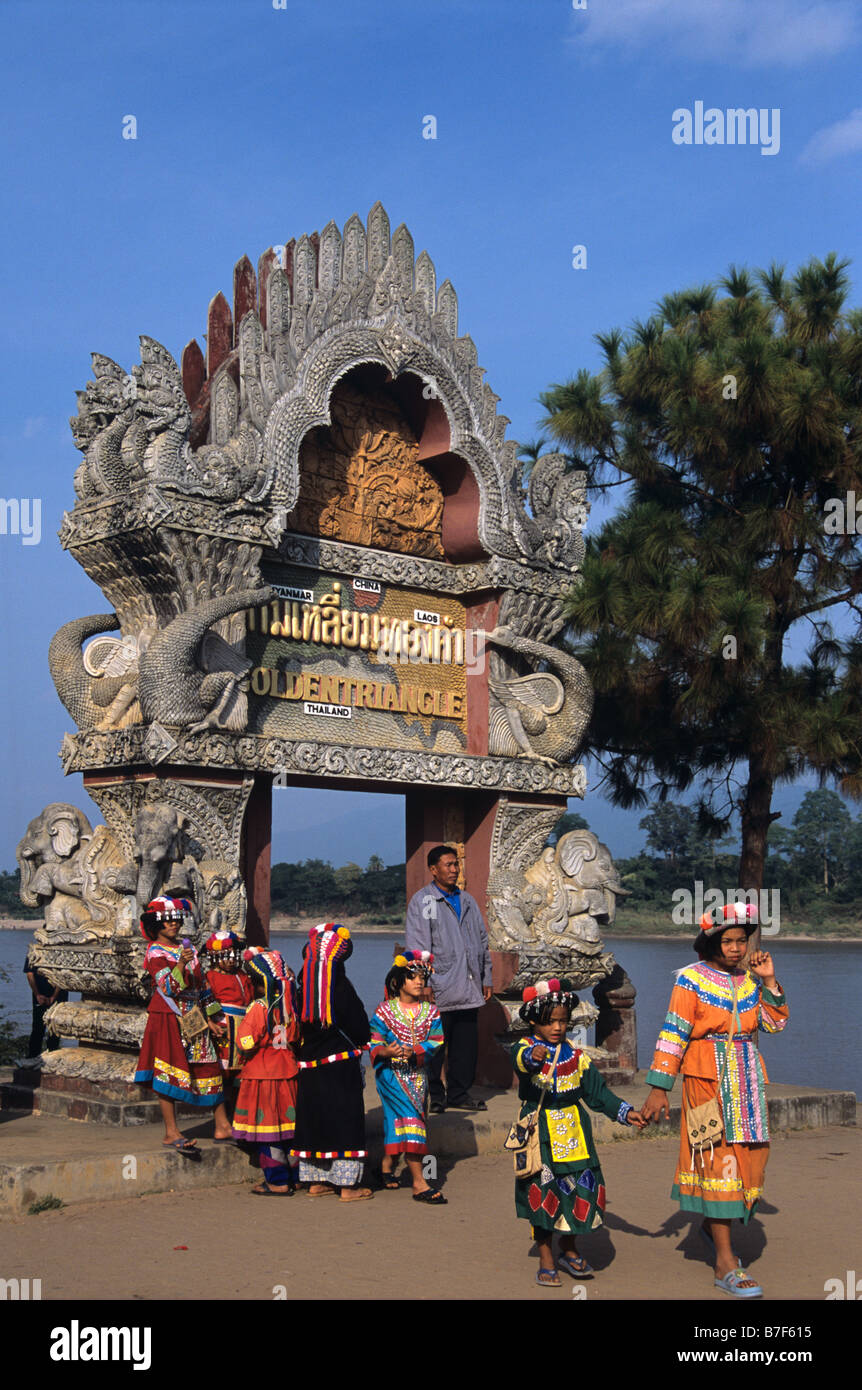 Golden Triangle Monument, Lisu Girls and Mekong River, at Junction of Burma, Laos & Thailand, Sop Ruak, Chiang Rai, Thailand Stock Photo