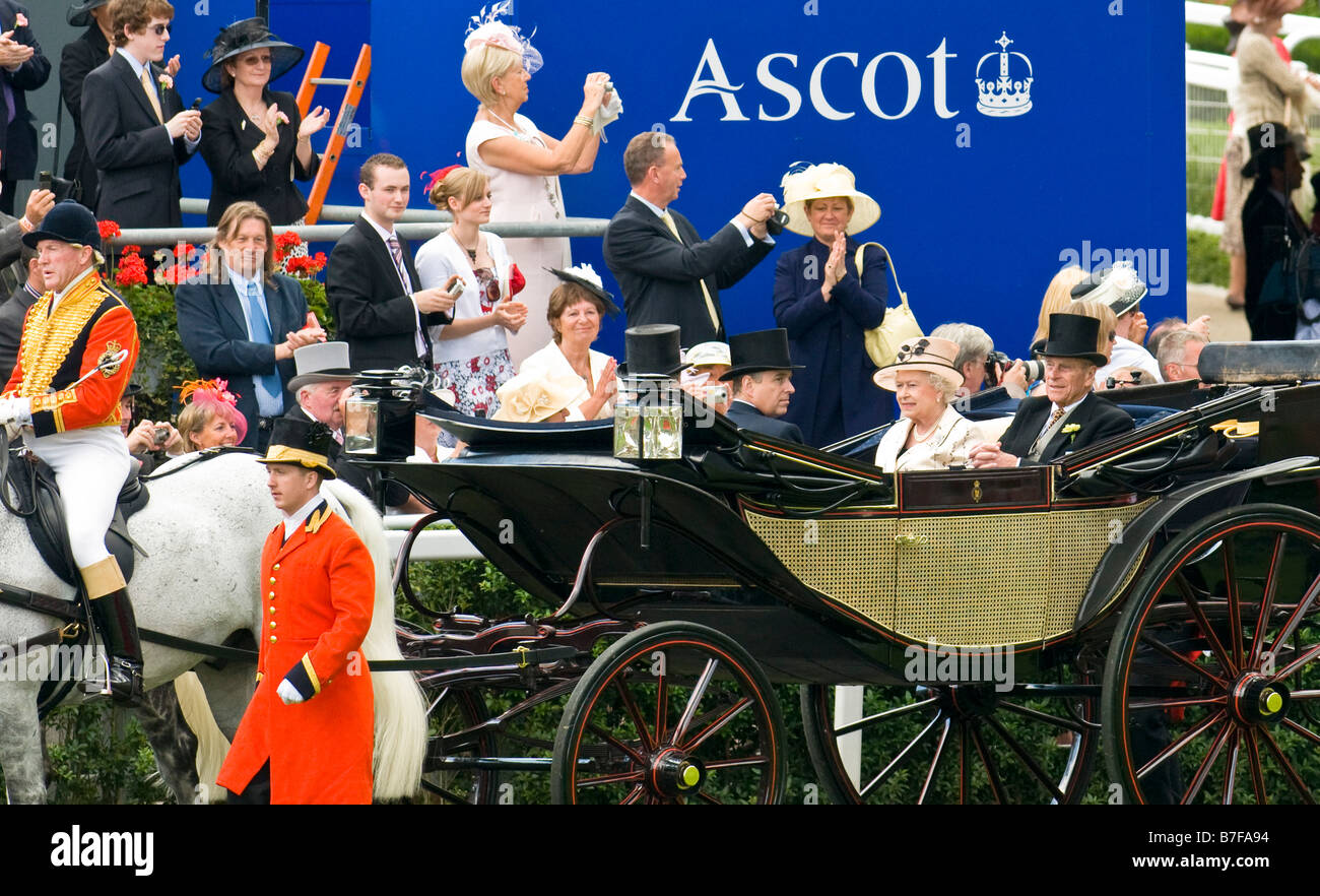 HM the Queen and HRH the Duke of Edinburgh arriving in an open carriage at Royal Ascot 2008, England UK Stock Photo