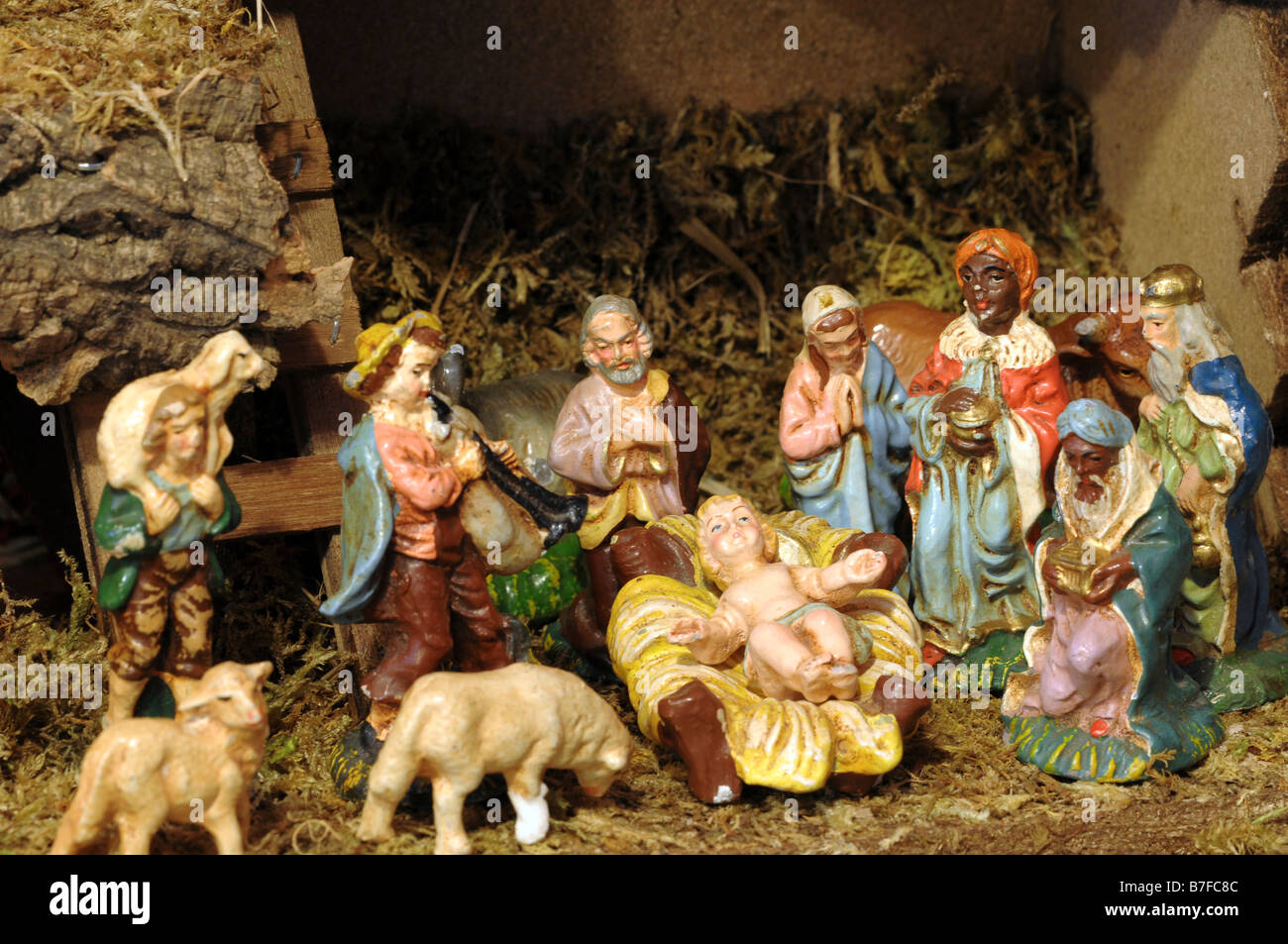 Christmas nativity scene, hand painted vintage plaster models. Stock Photo