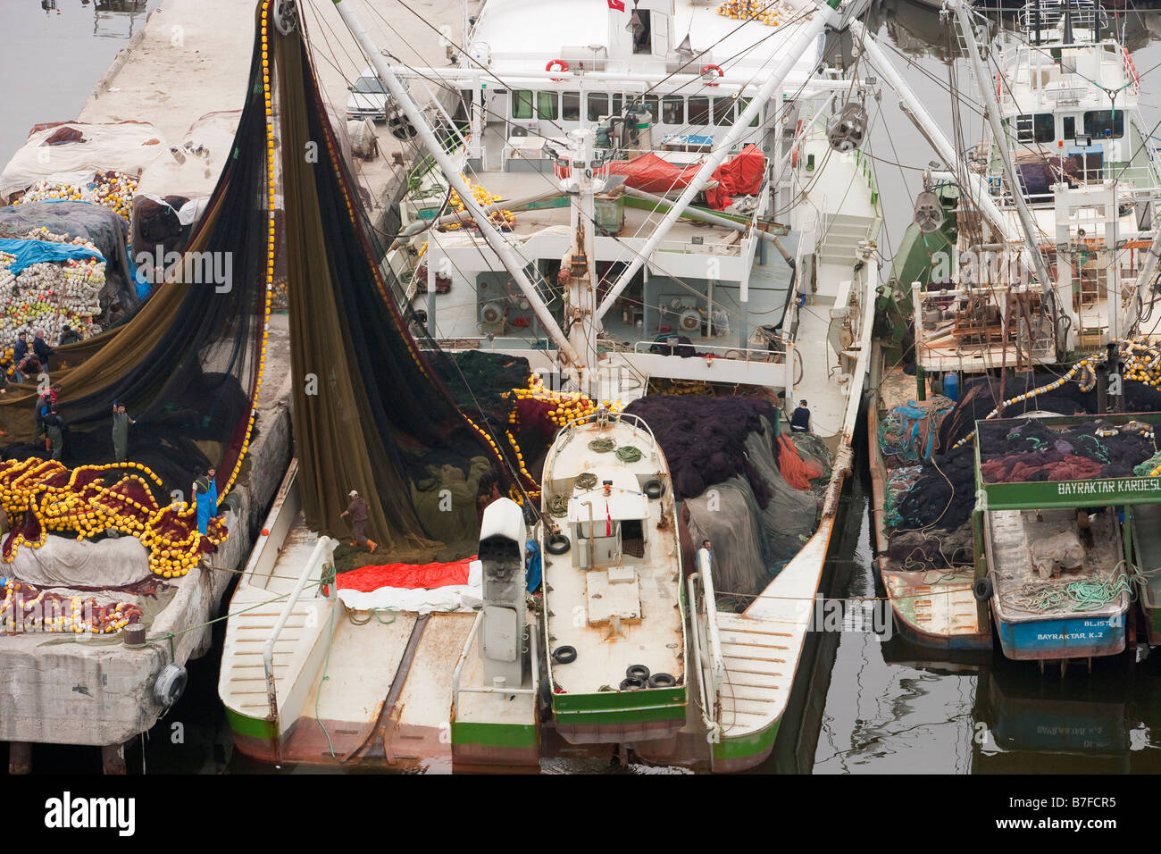 Aerial view of moored fishing boats Buyukcekmece Istanbul Turkey Stock Photo