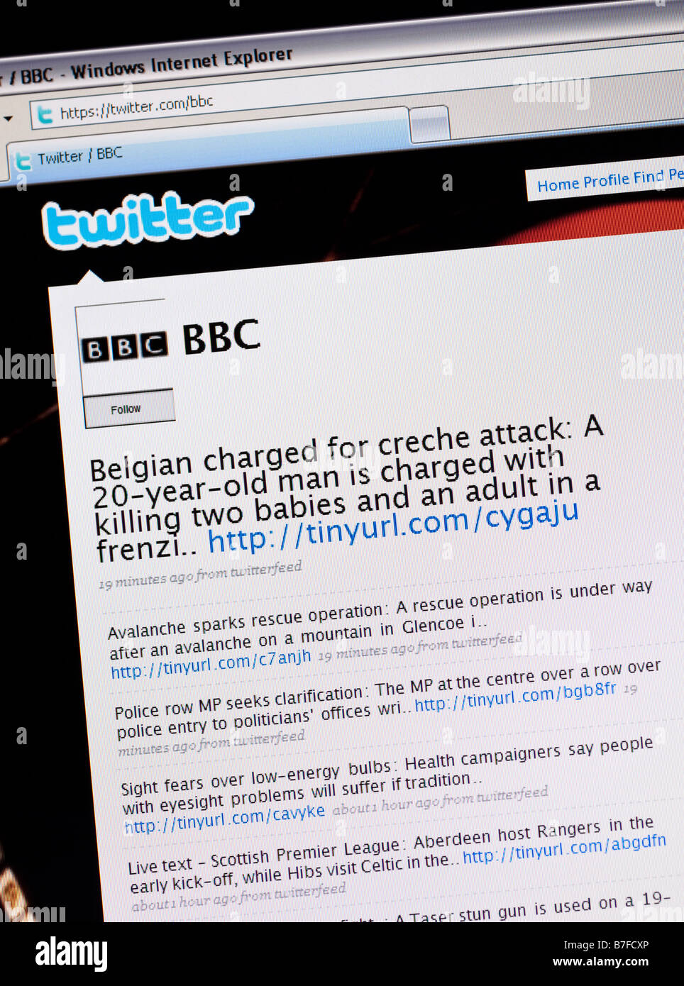 Twitter social networking and micro blogging site - BBC twitter page showing tweets used to show breaking news Stock Photo