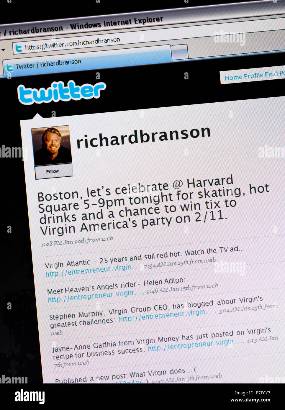 Twitter social networking and micro blogging site - Richard Branson twitter page showing tweets being used for company promotion Stock Photo