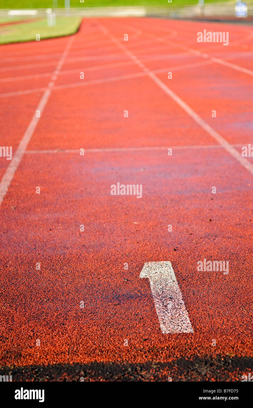 Lane 1 of an athletics running track Stock Photo Alamy
