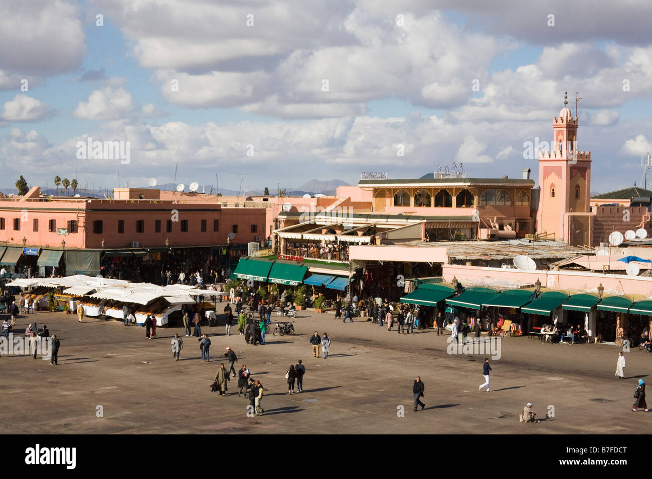 Marrakech Morocco North Africa High view of stalls and people in Place Djemma el Fna square in the Medina Stock Photo