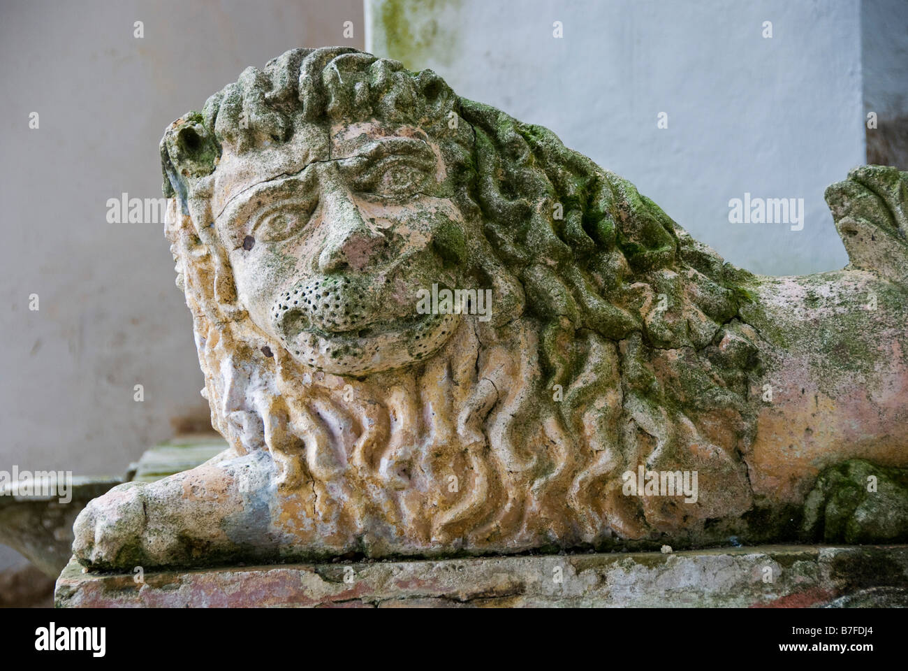 In the gardens of the 16c Palacio Nacional (National Palace), Sintra, Portugal. Carving of a lion Stock Photo