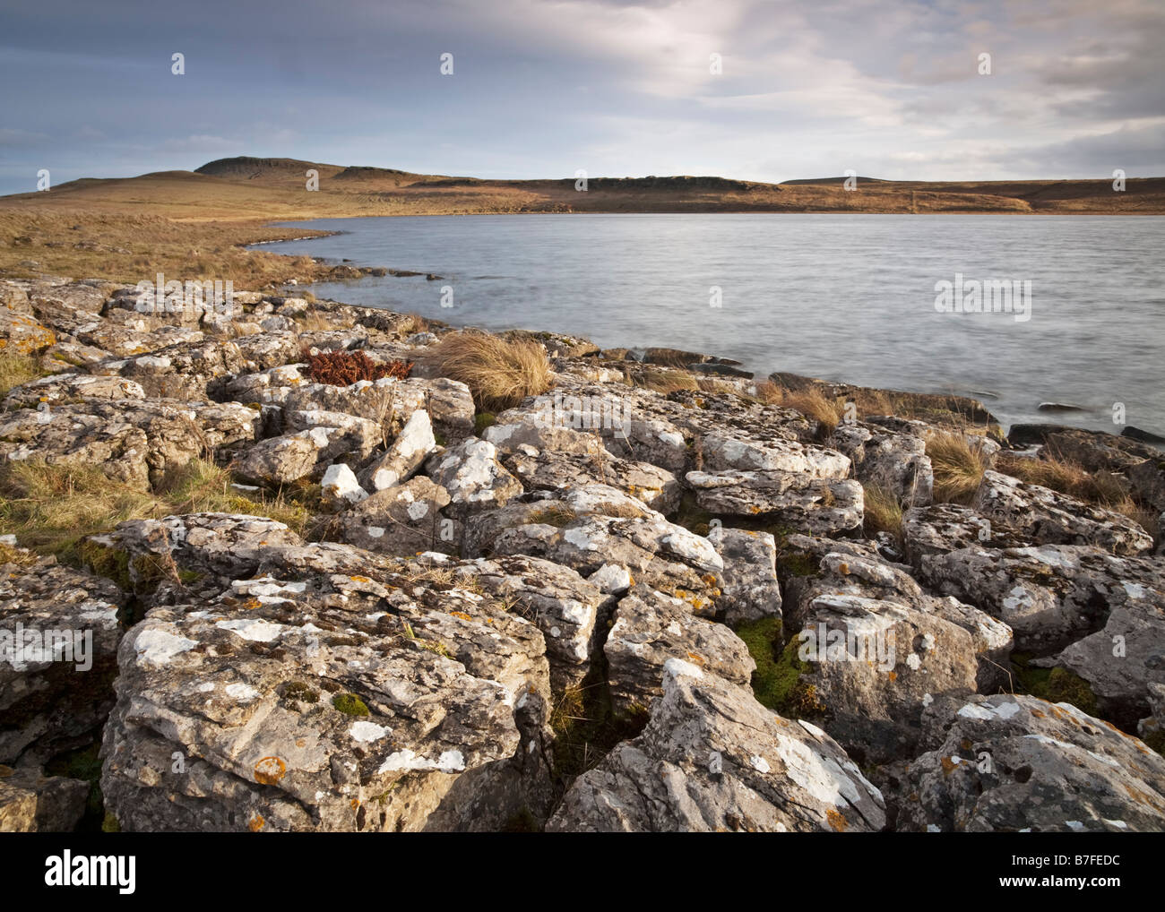 The fractured rocks of a limestone pavement on the shores of Broomlee Lough in the 