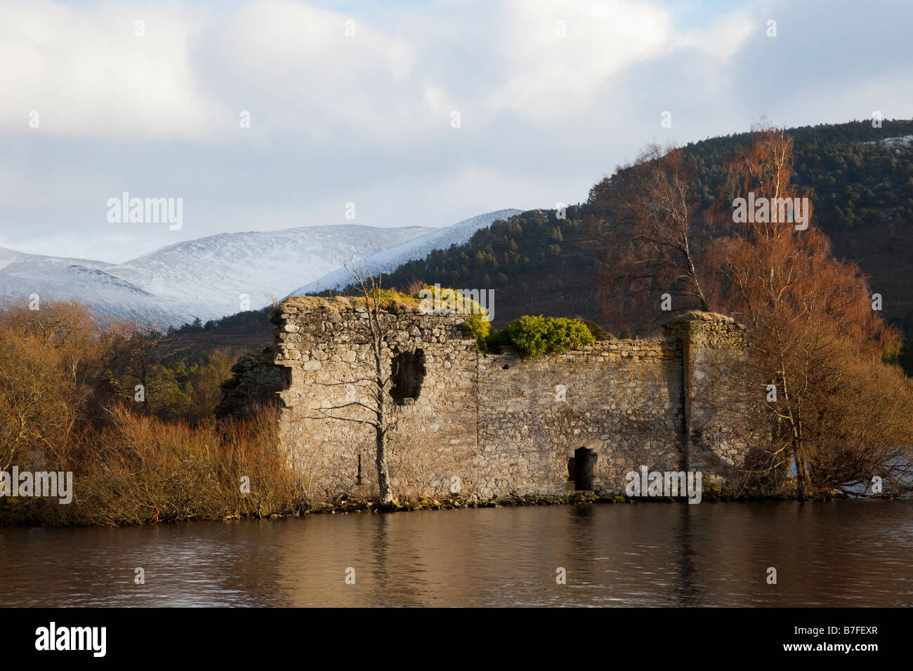 Lochside ruined historic 13th century island castle, forest and hill at freshwater Loch an Eilein, Craig Dubh, Rothiemurchus, Aviemore, Scotland, UK Stock Photo