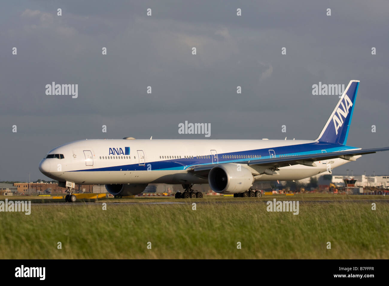 All Nippon Airways - ANA Boeing 777-381/ER taxiing for departure at London Heathrow airport. Stock Photo