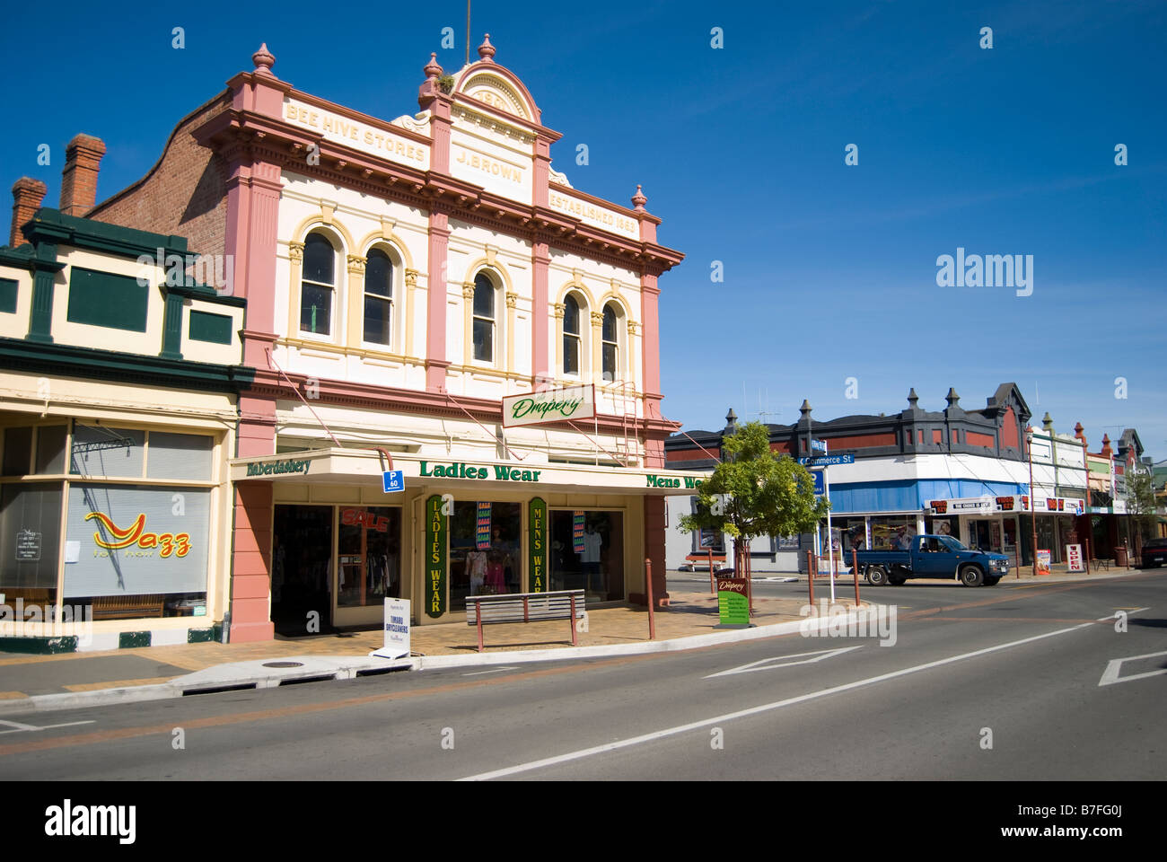 Town centre shops, King Street, Temuka, Canterbury, New Zealand Stock