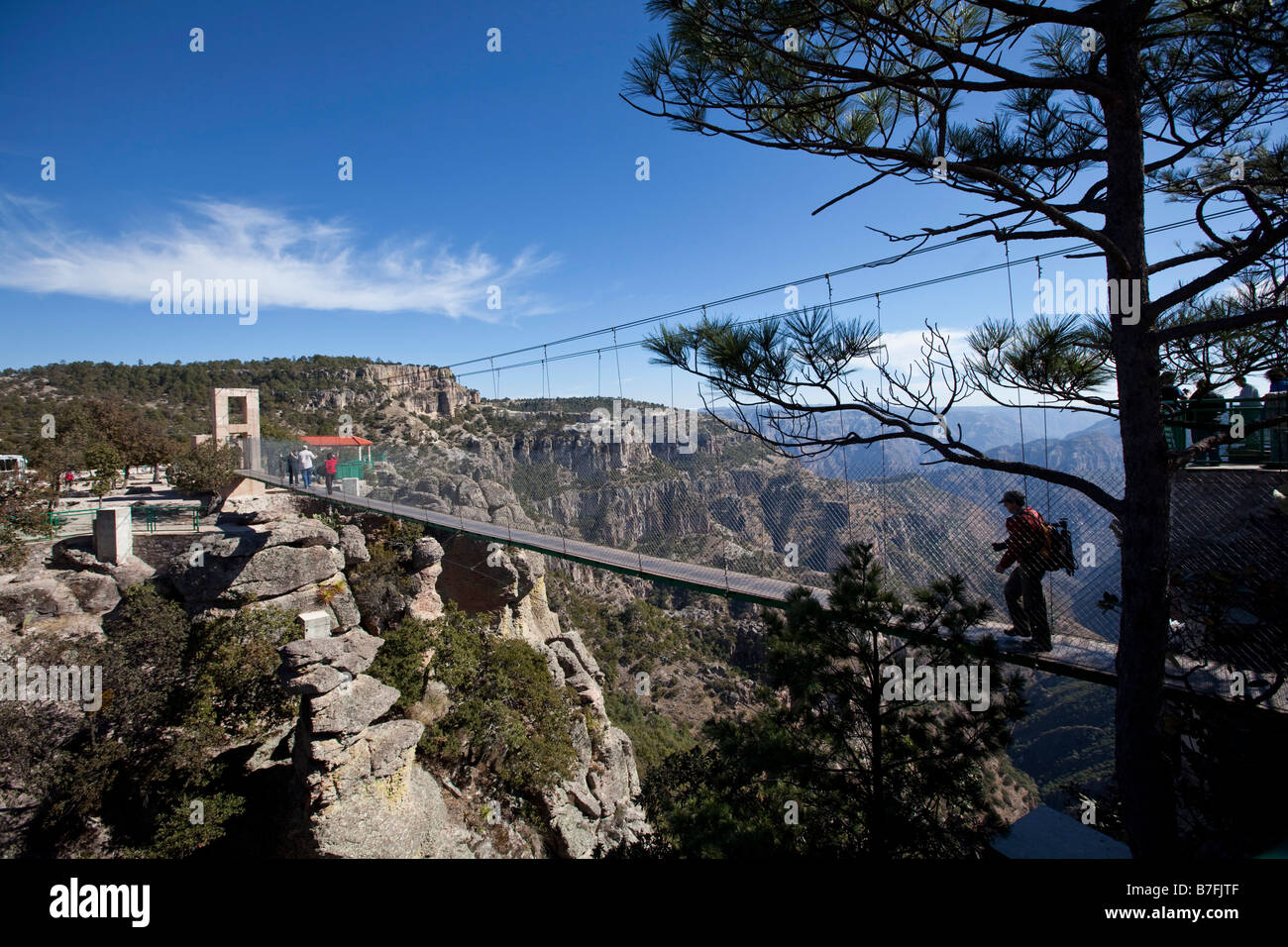 Swinging bridge Divisadero lookout Copper Canyon Chihuahua Mexico Stock Photo