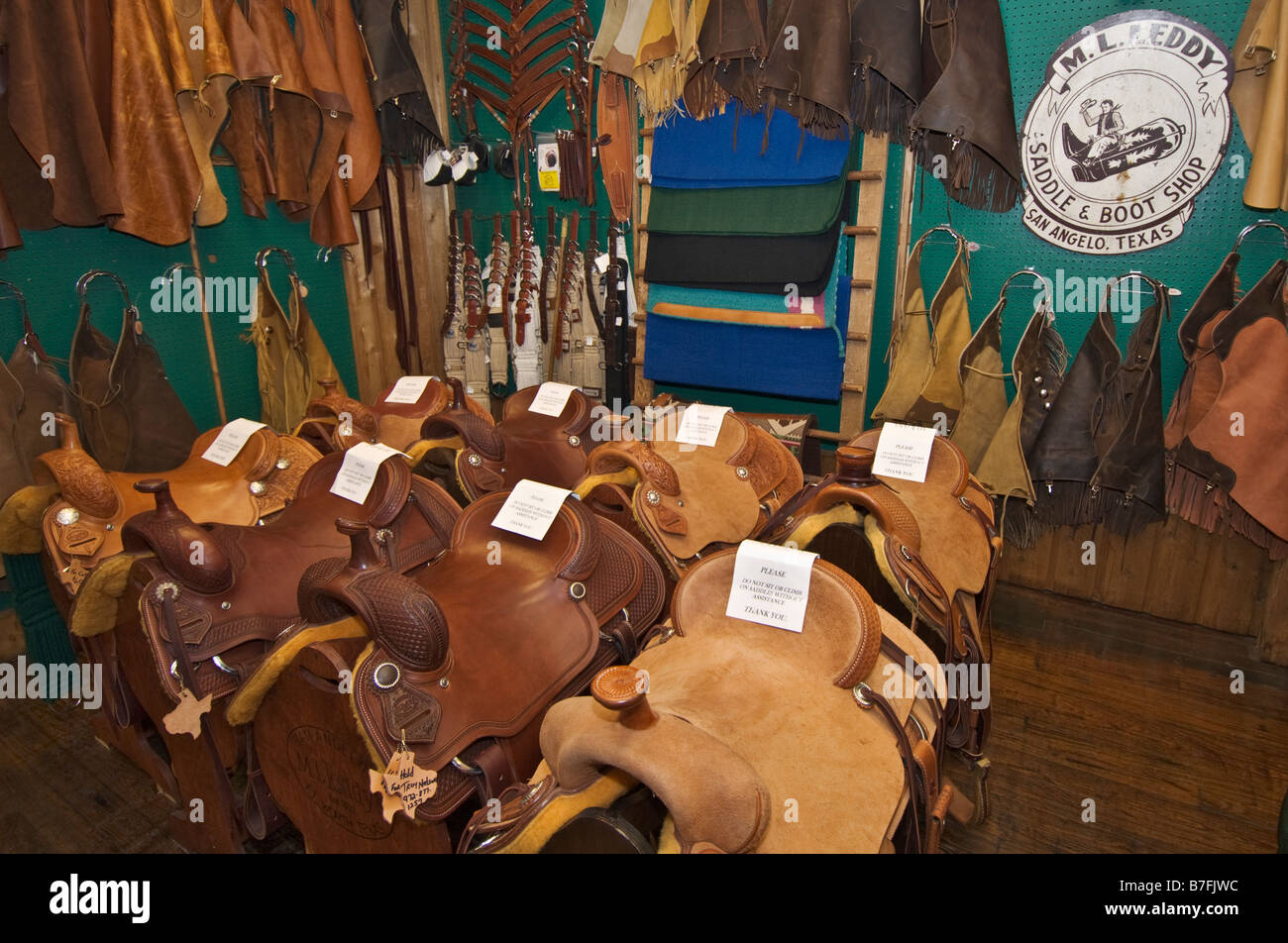 Texas Fort Worth Stockyards National Historic District M L Leddy Western Wear Store Saddle Display Stock Photo Alamy