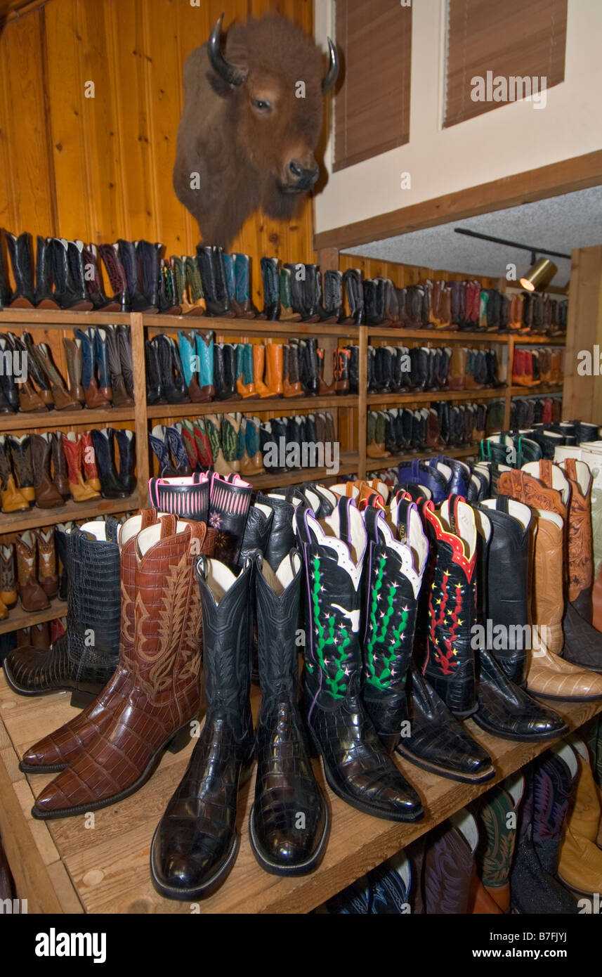 Texas Fort Worth Stockyards National Historic District M L Leddy western  wear store cowboy boot display Stock Photo - Alamy