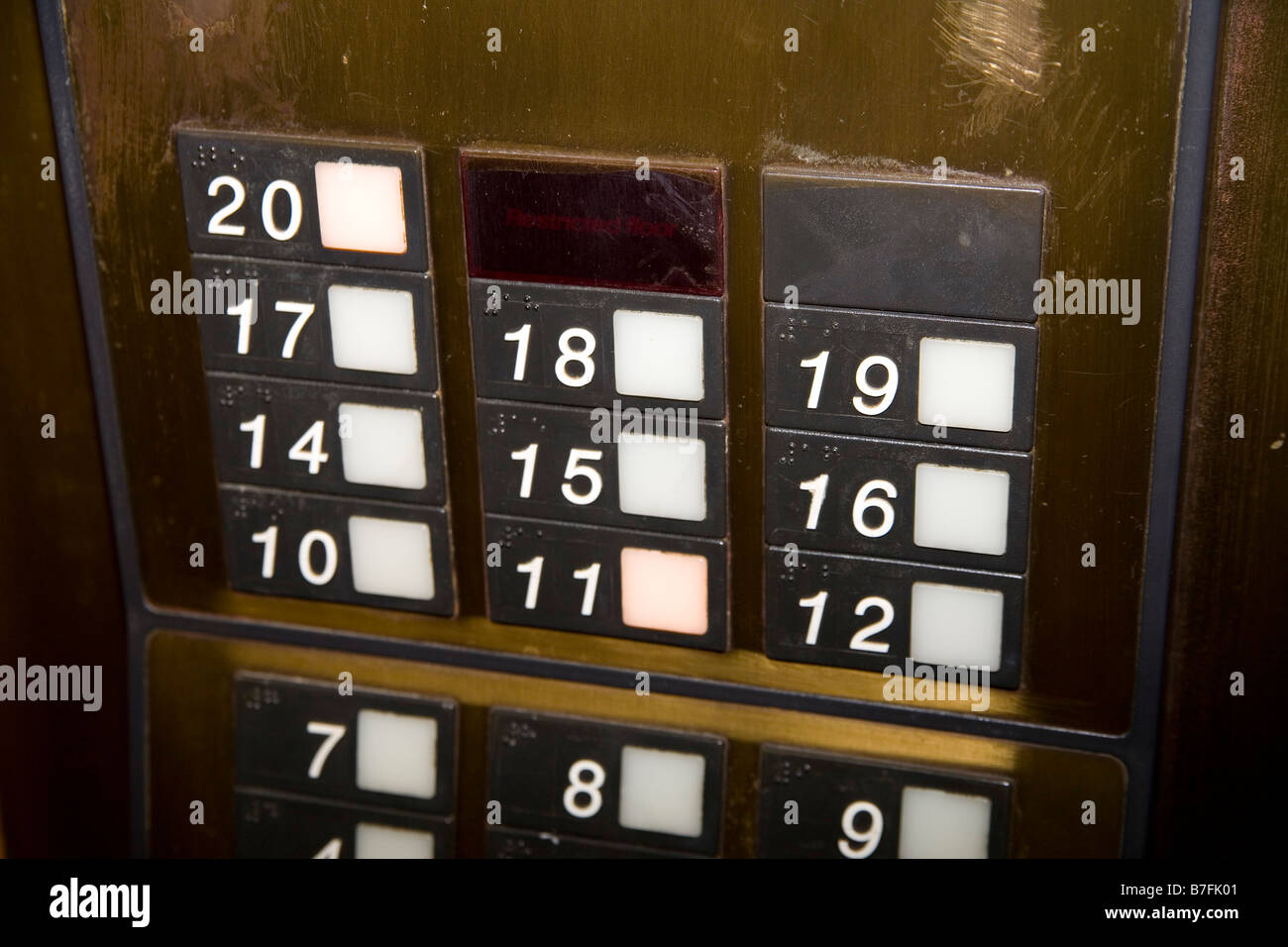 Buttons on elevator panel show no 13th floor humoring those who think 13 is an unlucky number Stock Photo