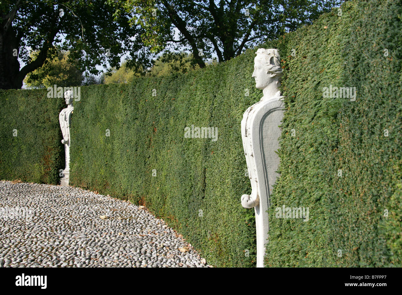 Marble Statues Called Terms in the Queens Garden at Kew Palace Gardens, London, UK Stock Photo