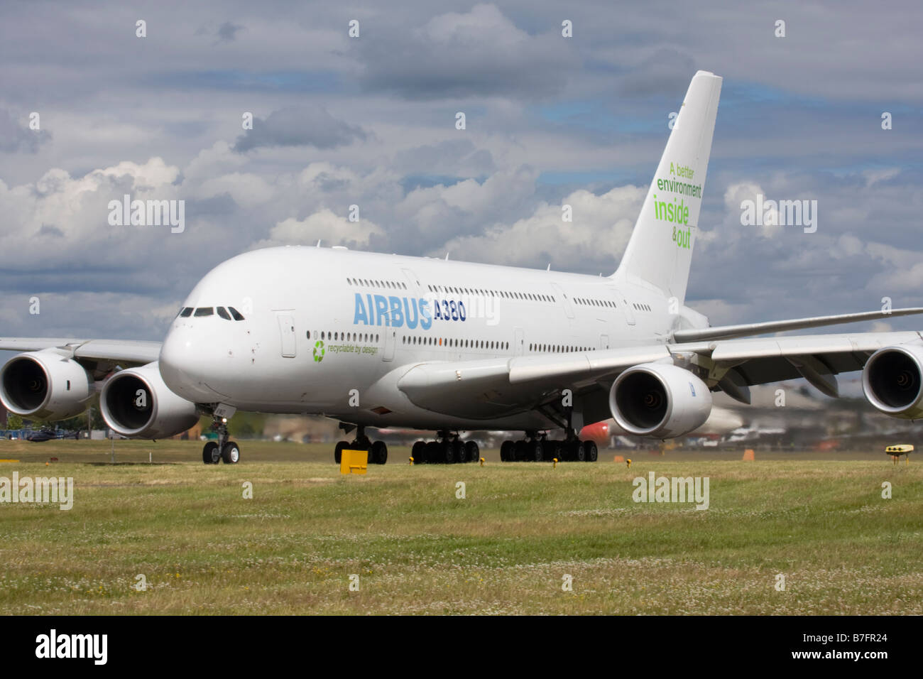Airbus A380 about to take off on runway at Farnborough International Airshow 2008 UK Stock Photo