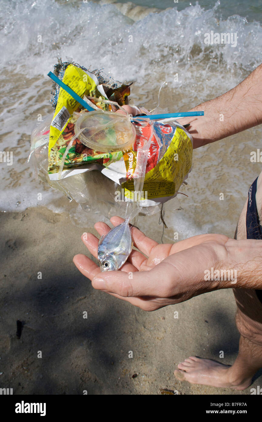 Man holding a dead fish and rubbish collected from the sea during a swim. Stock Photo