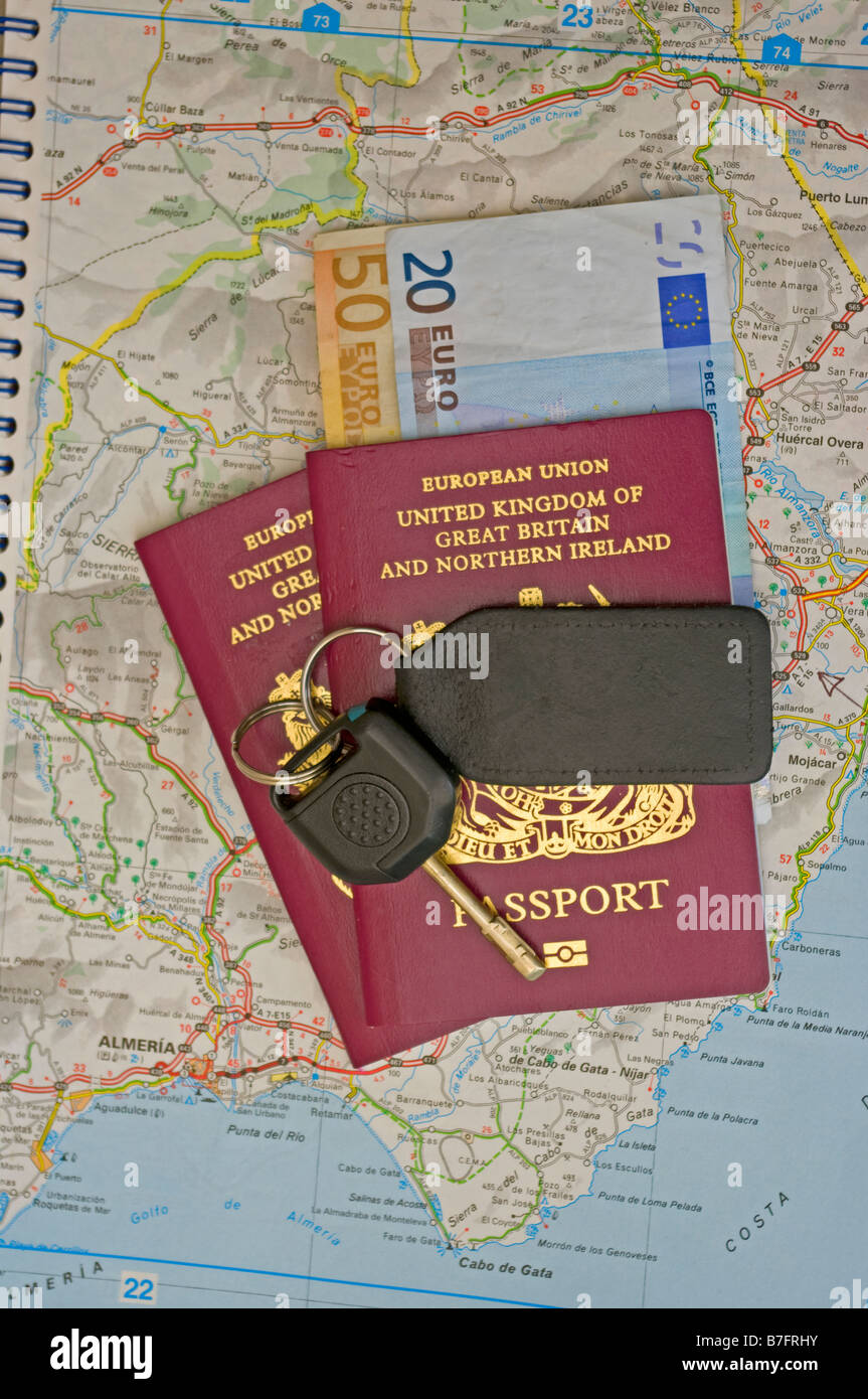 European Travel Map Car Keys Money and UK Passports Stock Photo