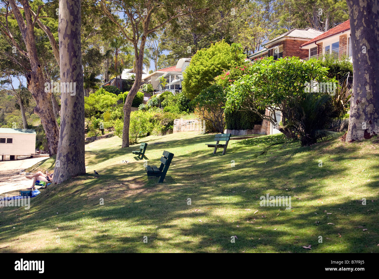 Taylors Point in Clareville, Sydney northern beaches grassed area with park benches beside Pittwater,NSW,Australia Stock Photo