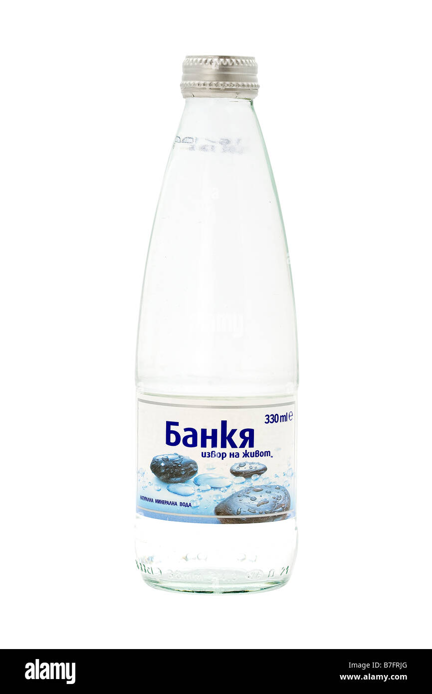 Bankia natural mineral water from Bulgarian maintain vitosha Bottle glass alcohol booze drink thirst proof pure drunk unit cater Stock Photo