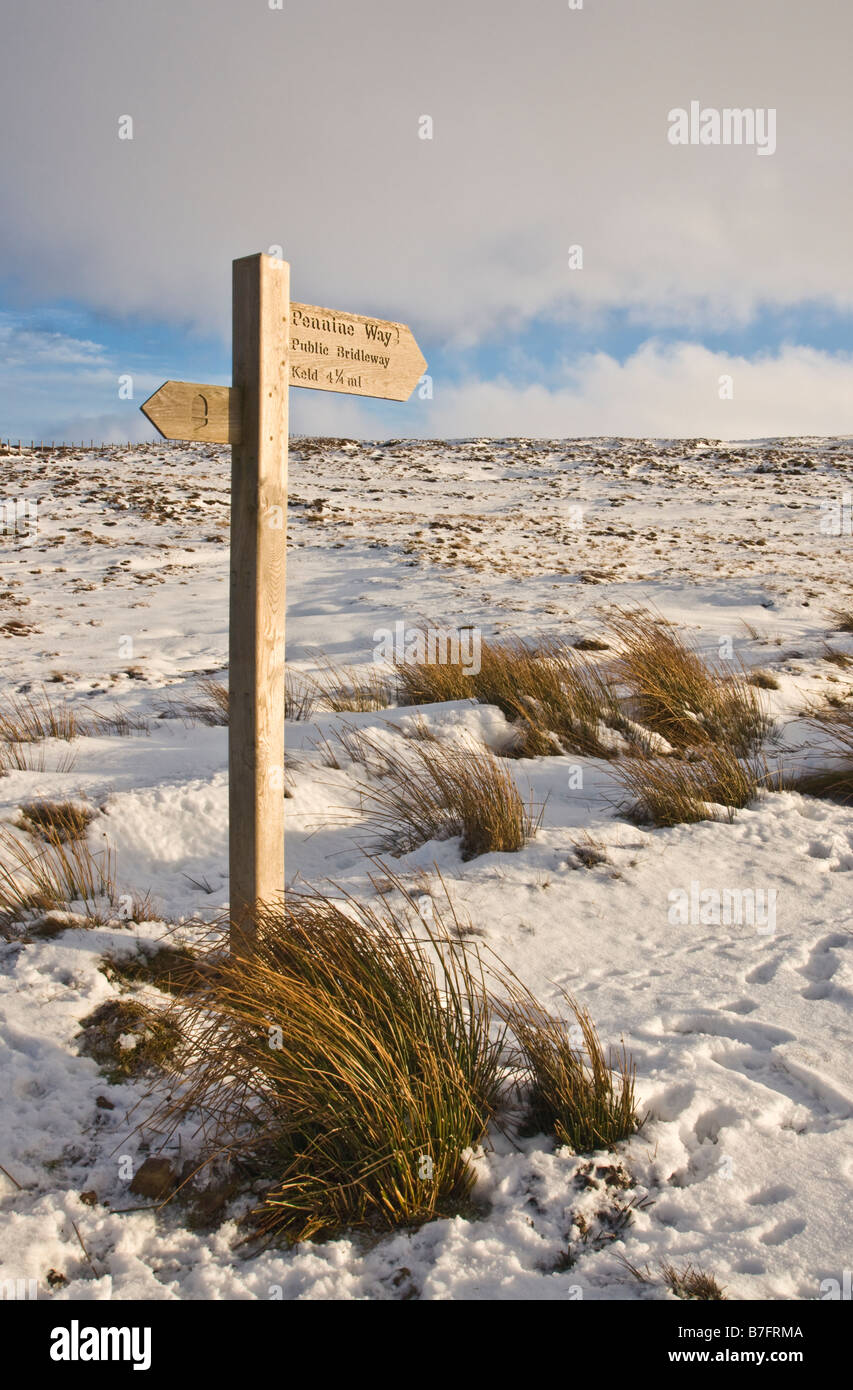 Pennine Way Footpath sign at the start of the section that liks Tan Hill Inn with Keld in Swaledale. Stock Photo