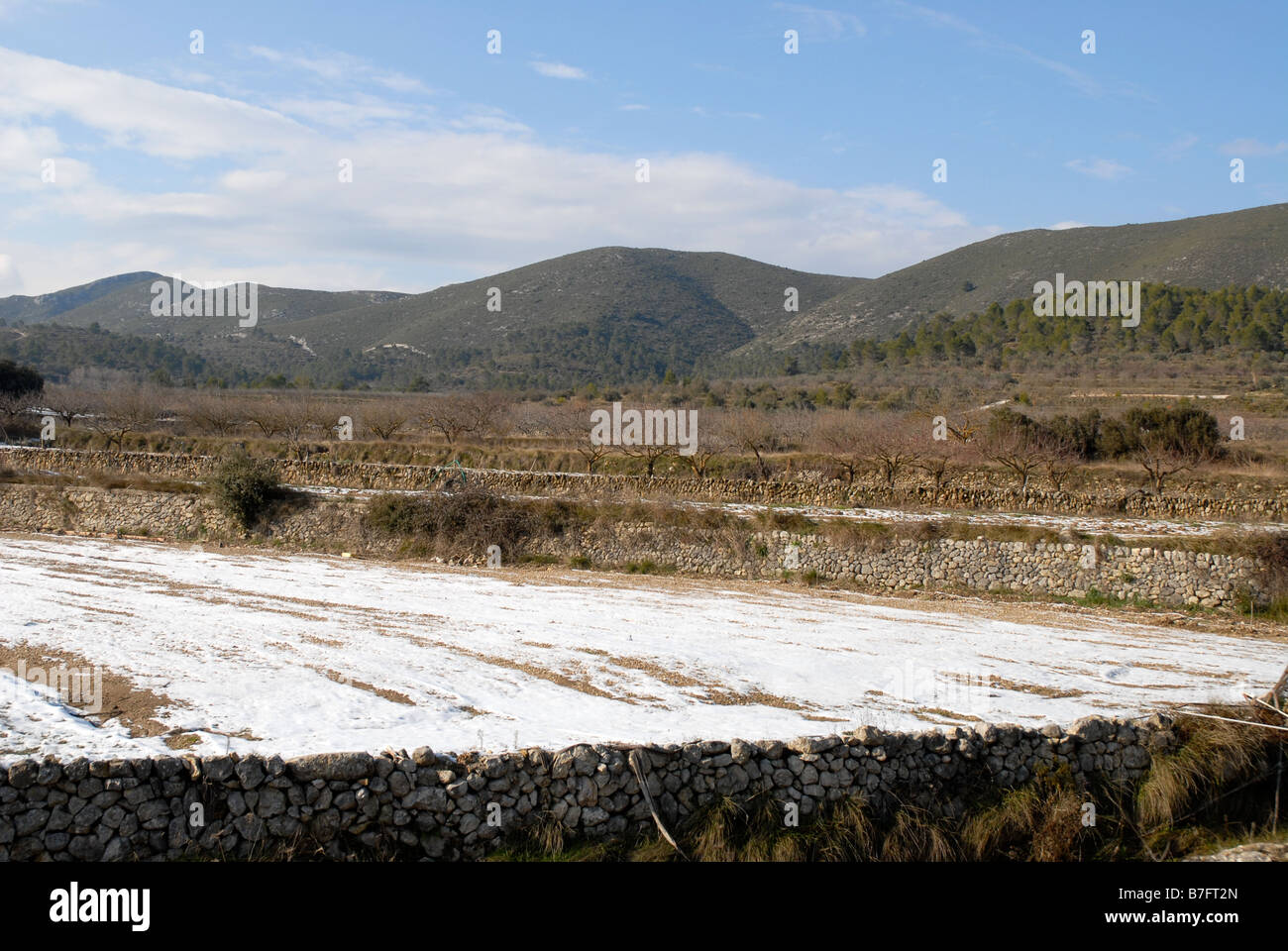 winter landscape near Alcala de Jovada, Vall d'Alcala, Marina Alta, Alicante Province, Comunidad Valenciana, Spain Stock Photo