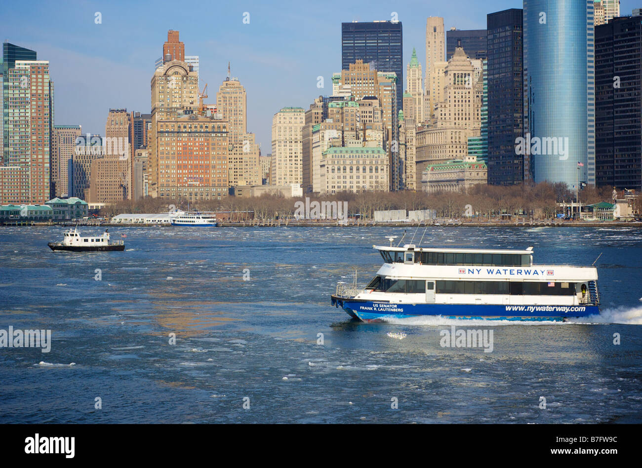 New York Waterway Boat in Icy Waters with Manhattan Skyline in New York