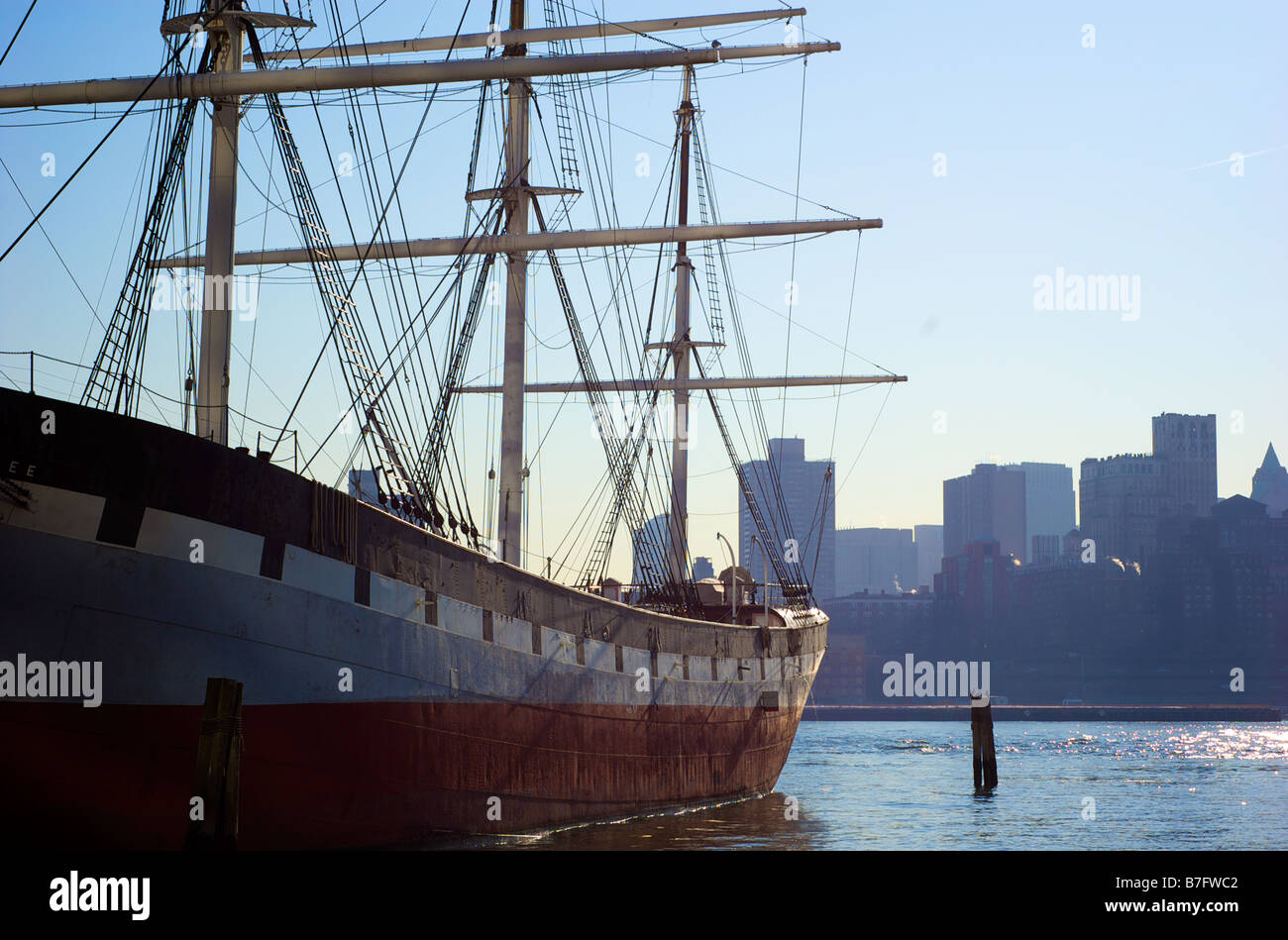 Peking Sailing Ship at South Street Seaport with Brooklyn Skyline in Background in New York City USA Stock Photo