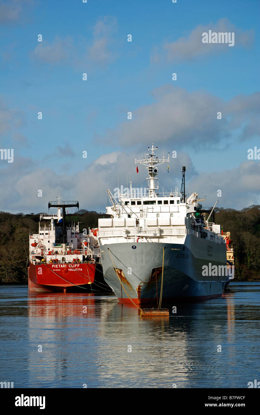 cargo ships 'laid up' in the river fal near truro,cornwall,uk Stock Photo