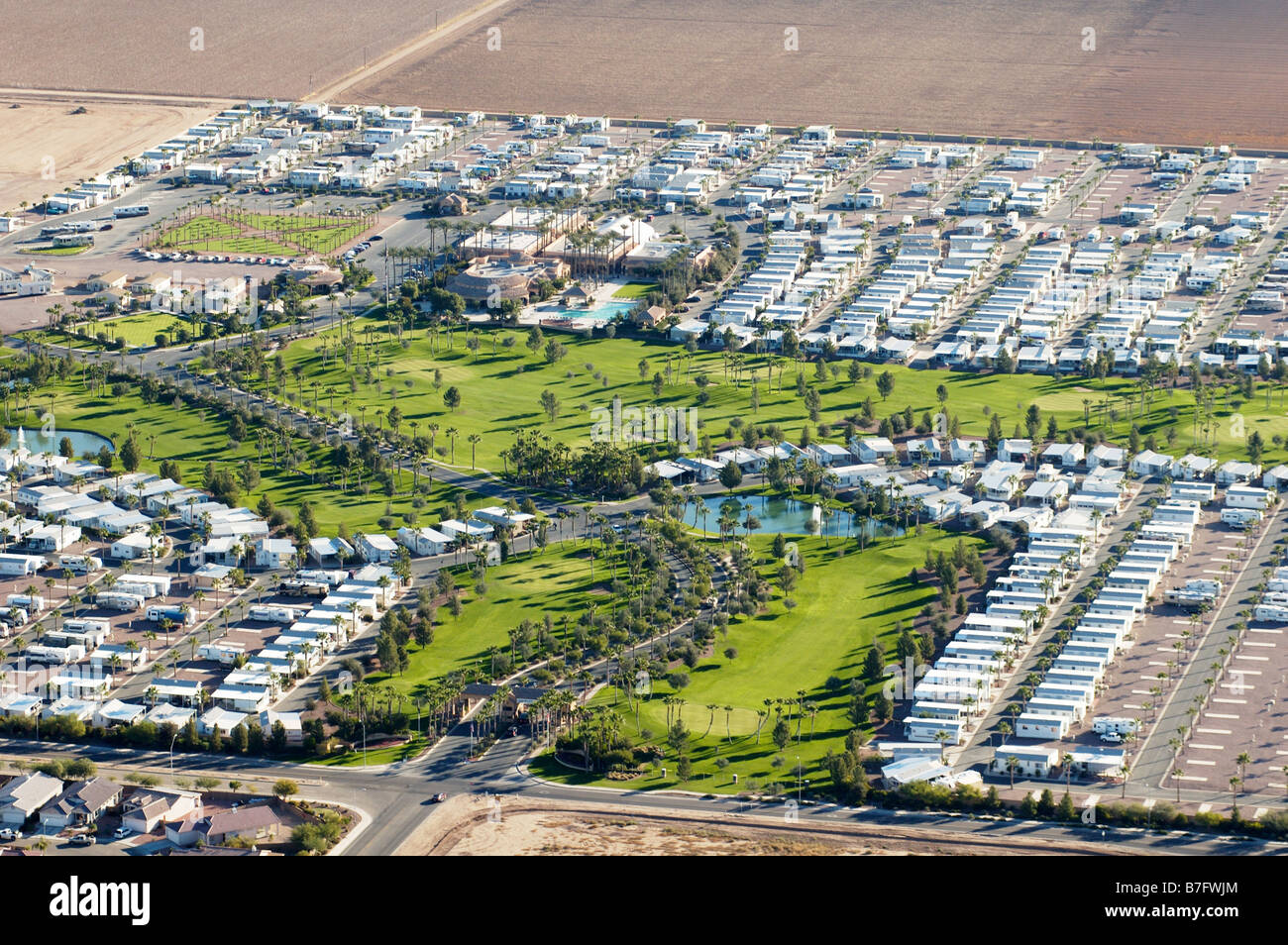 aerial view of a golf course surrounded by an RV campground in Arizona Stock Photo