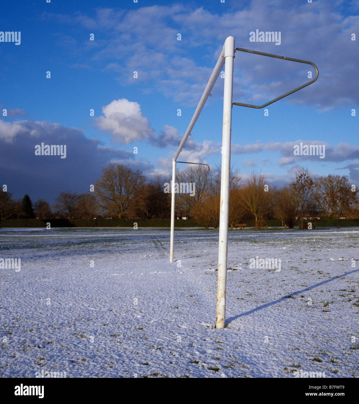 Goal Posts in snow. Biggin Hill, Bromley, Kent, England, UK. Stock Photo