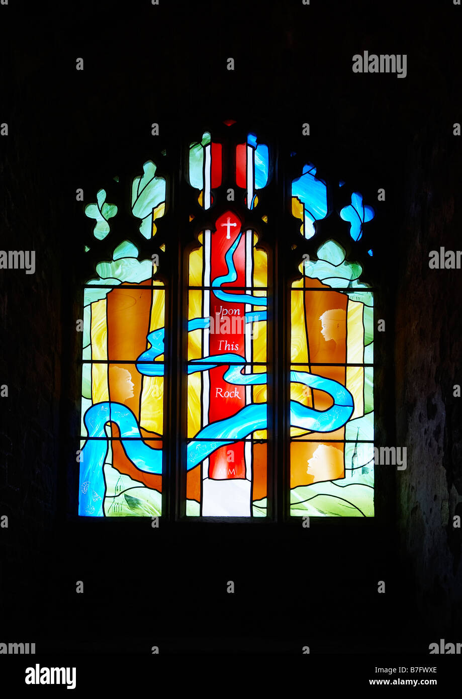 Stained Glass Window in the Chapel, Goodrich Castle, Herefordshire, England, UK Stock Photo