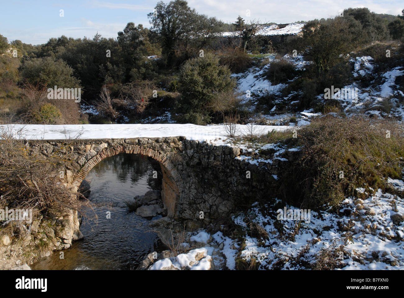 snow on bridge at Moorish village of L'Atzuvieta, near Alcala de Jovada, Vall d'Alcala, Marina Alta, Alicante Province, Comunida Stock Photo