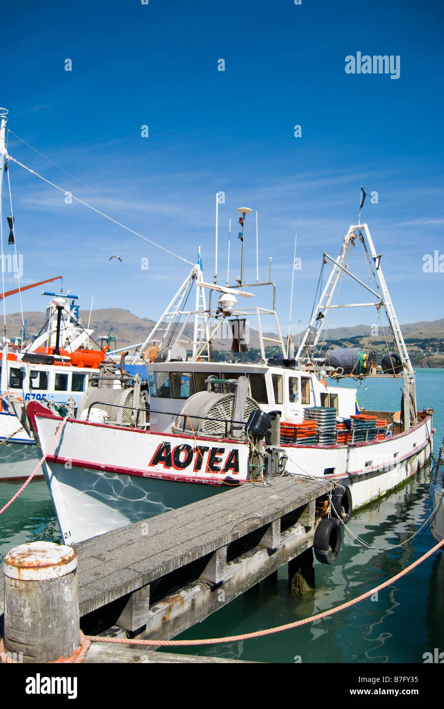 Commercial fishing boat, Lyttelton Harbour, Lyttelton, Banks Peninsula, Canterbury, New Zealand Stock Photo