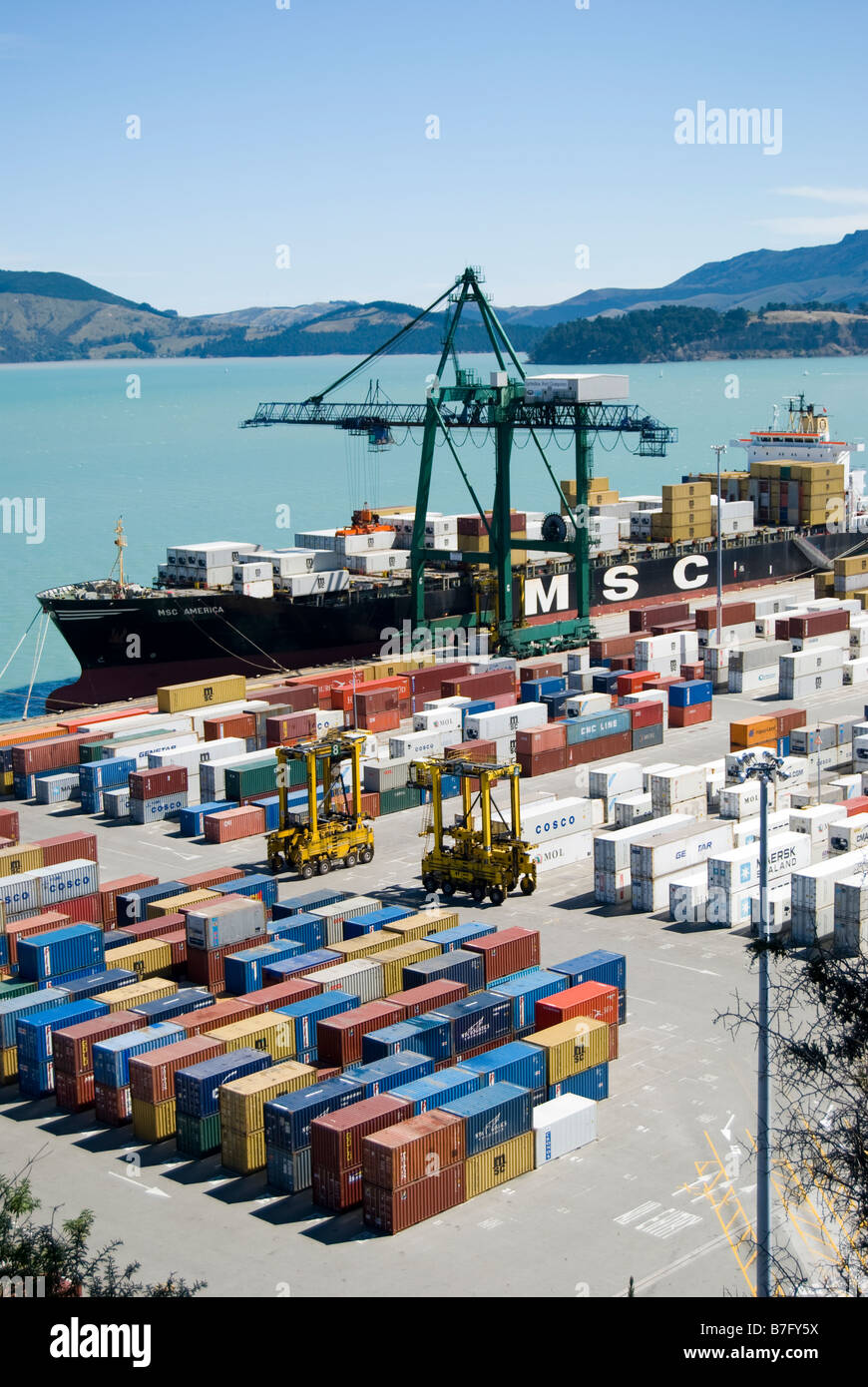 Container Port, Lyttelton Harbour, Lyttelton, Banks Peninsula, Canterbury, New Zealand Stock Photo