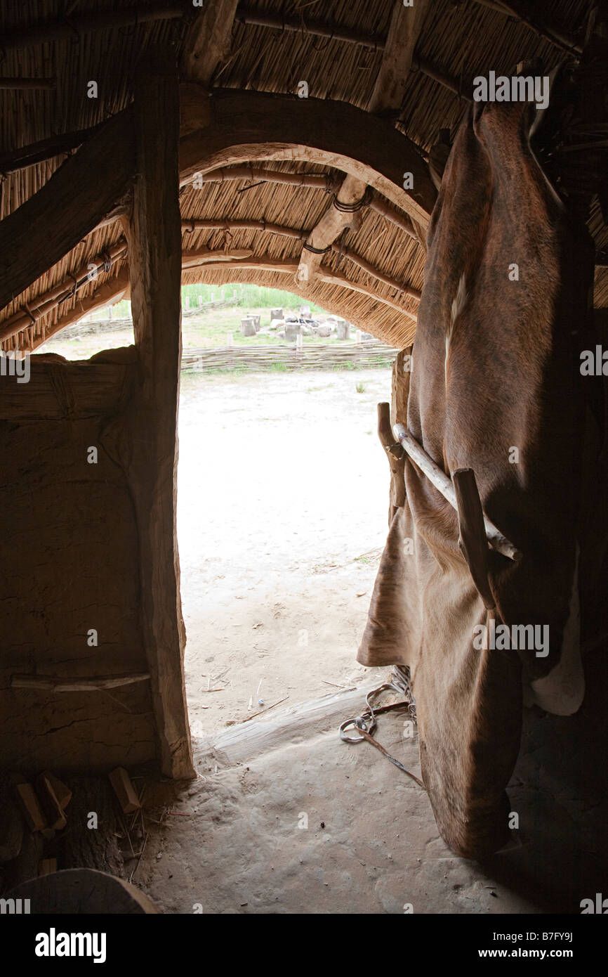 Door with leather cover in recreation of house of beaker culture people Hunebedcentrum visitor centre Drenthe Netherlands Stock Photo