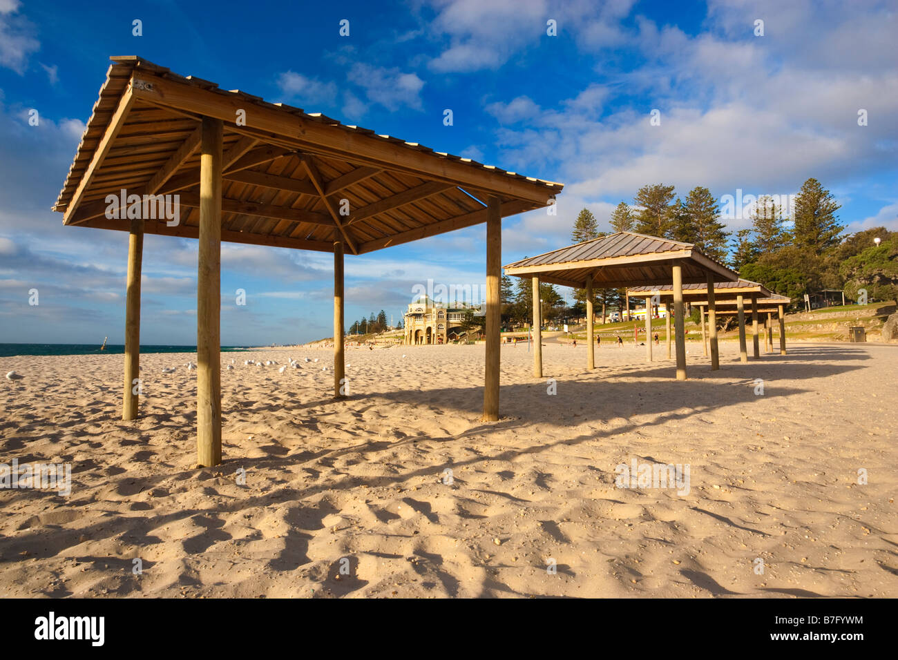 Wooden sun shades at Cottesloe Beach in Perth, Western Australia Stock