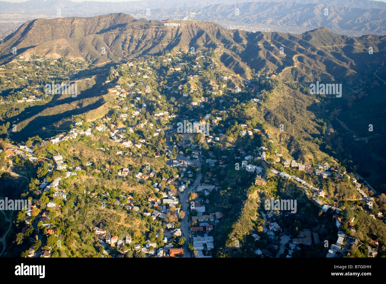 Famous Beachwood Canyon Aerial Hollywood Hills California USA Stock