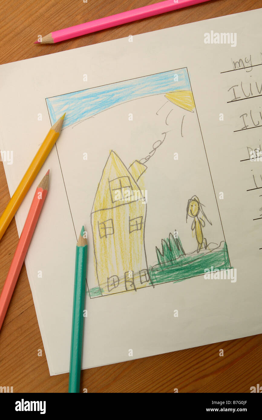 Junior primary school childs drawing art picture and work showing a house home with coloured pencil crayons Stock Photo