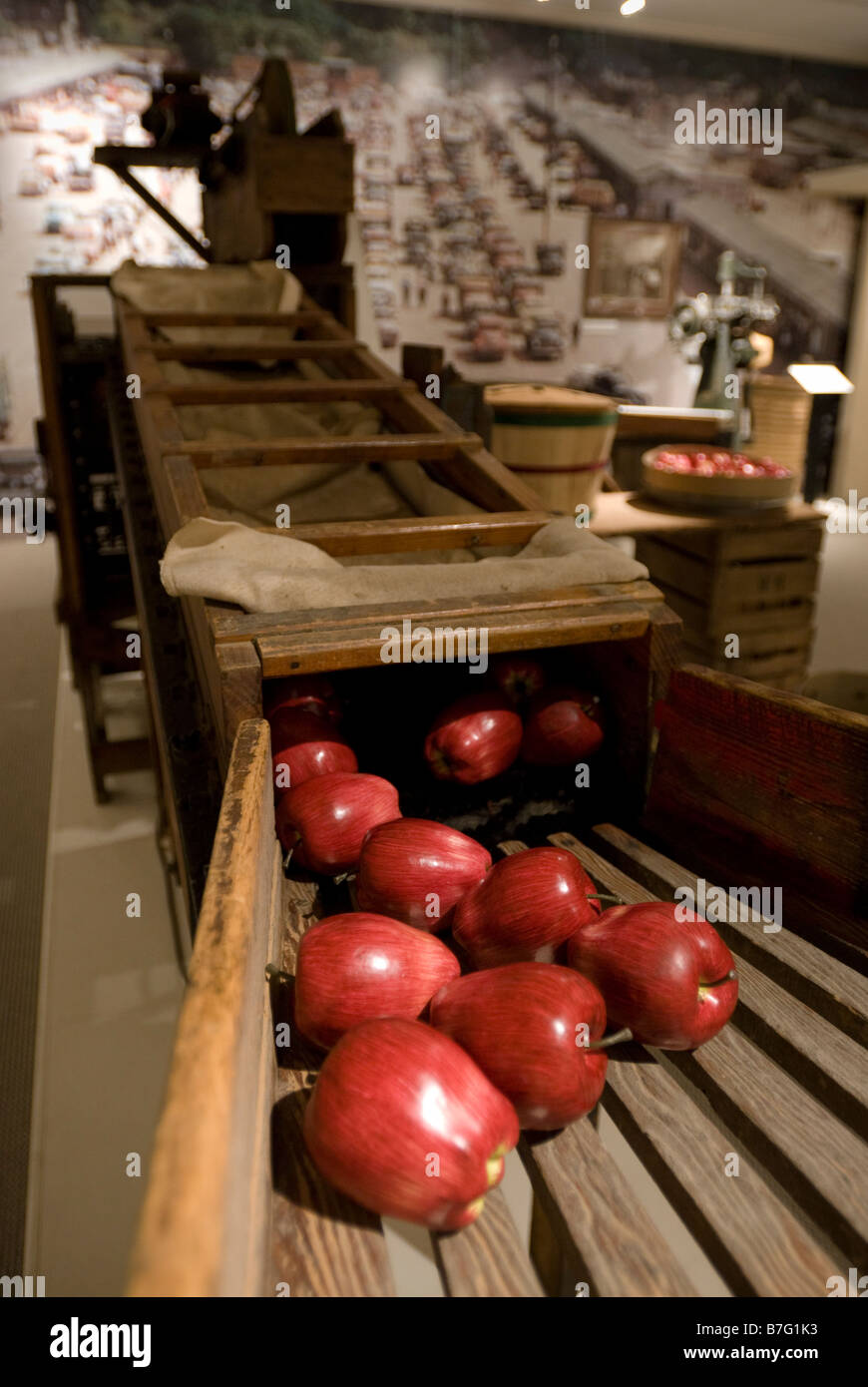 Apple harvesting equipment on display at The Heritage Museum and Cultural Center in St Joseph, Michigan, USA. Stock Photo