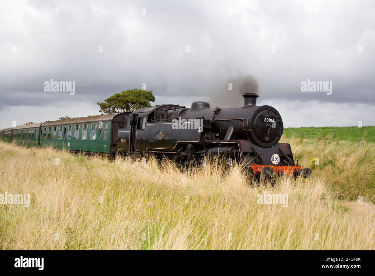 A steam locomotive carries passengers on the Swanage Railway in Dorset. Stock Photo