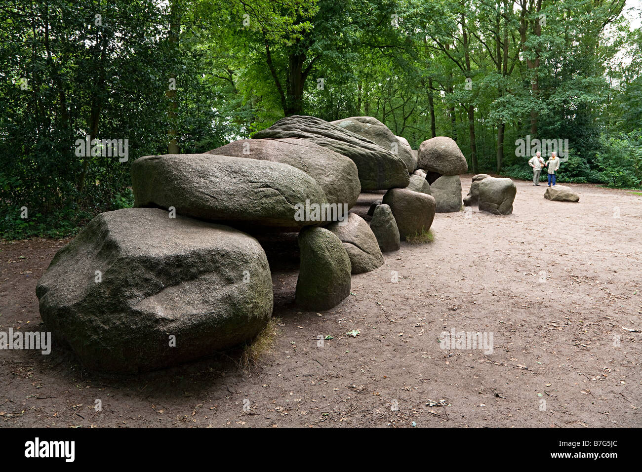 People at the D27 borger dolmen at the Hunebedcentrum visitor centre for dolmens Borger Drenthe eastern Netherlands Stock Photo