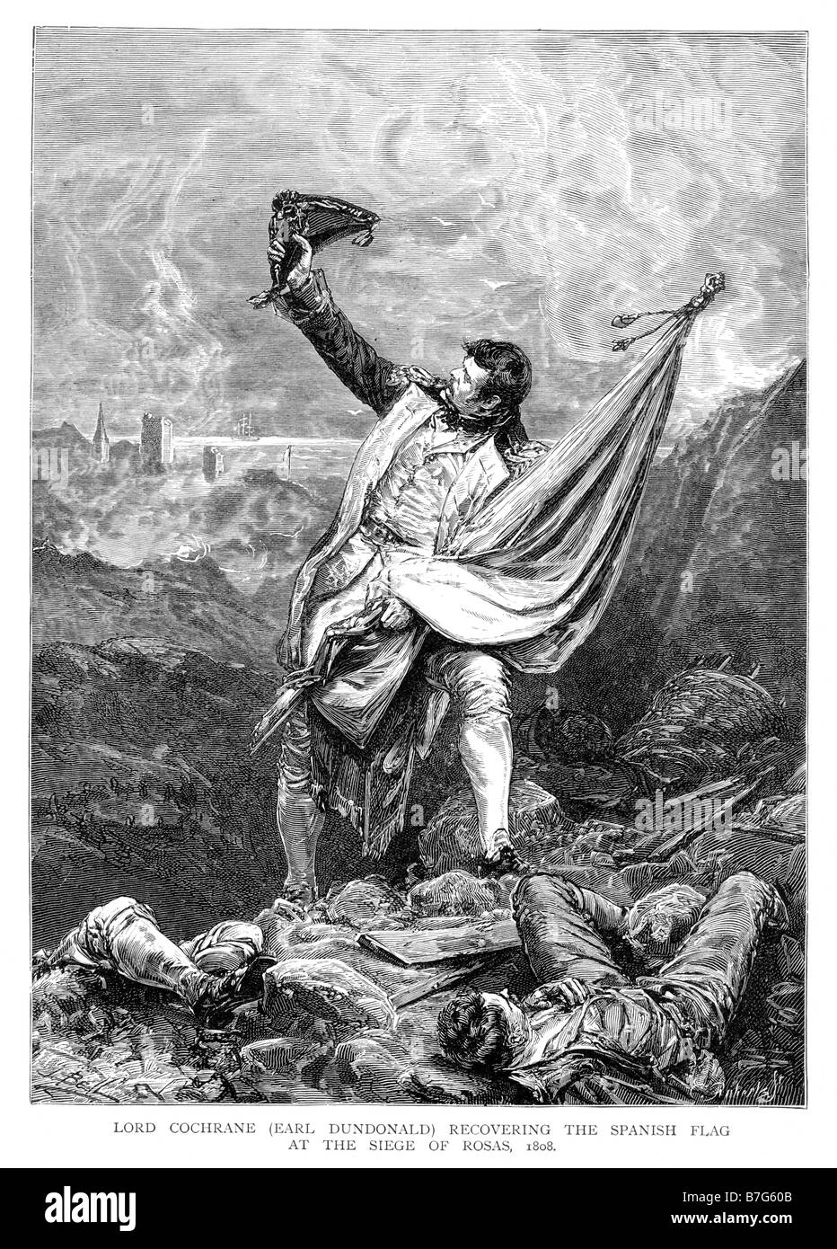 Lord Cochrane Earl Dundonald Recovering the Spanish Flag at the Siege of Rosas 1808 19th Century Illustration Stock Photo