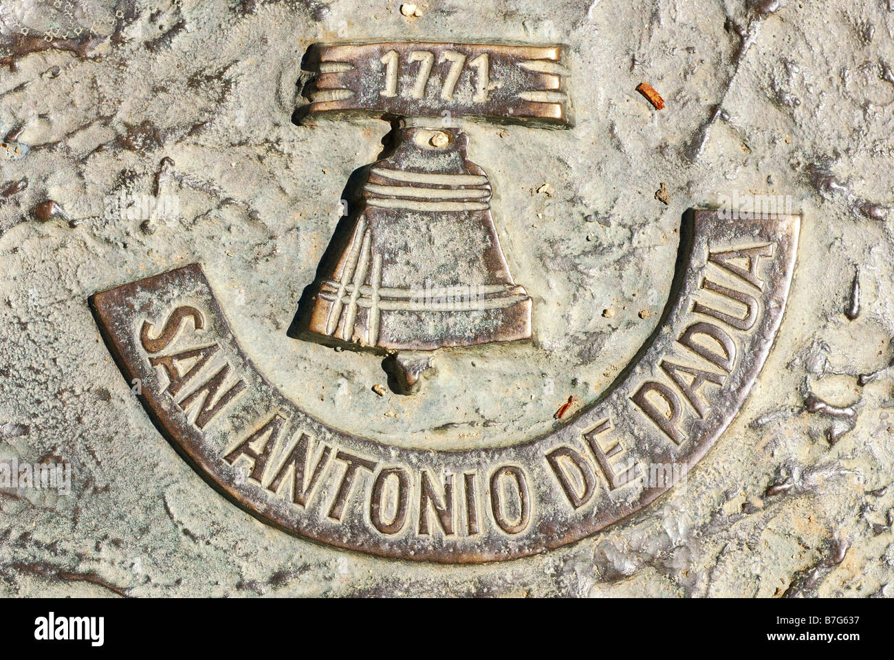 Mission San Antonio de Padua plaque on statue at California State