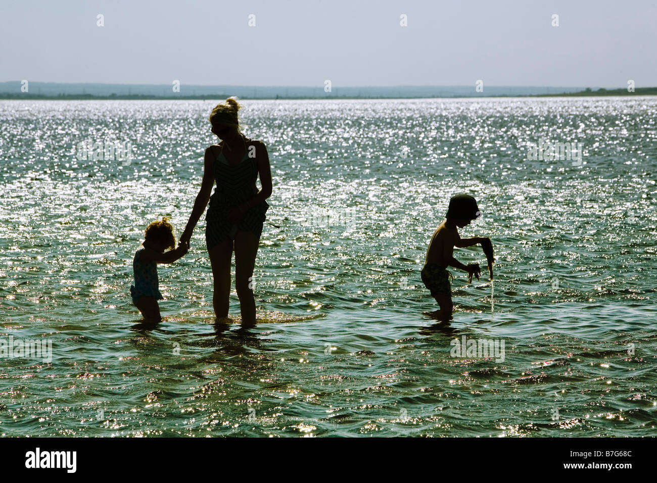 A mother with a boy and a girl are silhouetted as they wade in the shallow sea of the Thames estuary in Whitstable in Kent, UK. Stock Photo