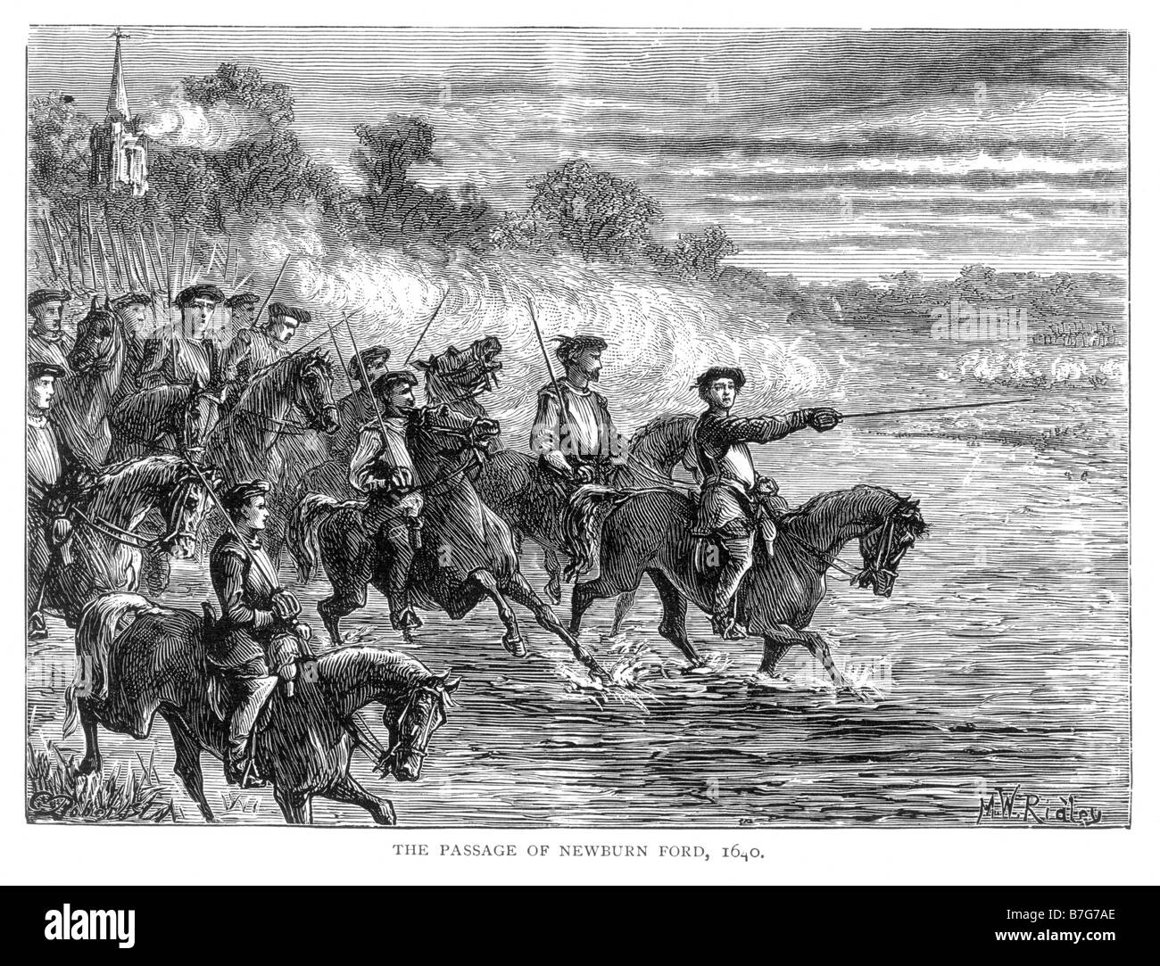 The Passage of Newburn Ford 1640 Battle of Newburn Illustration. The Scots crossing the River Tyne at Newburn Ford, August 1640. Stock Photo