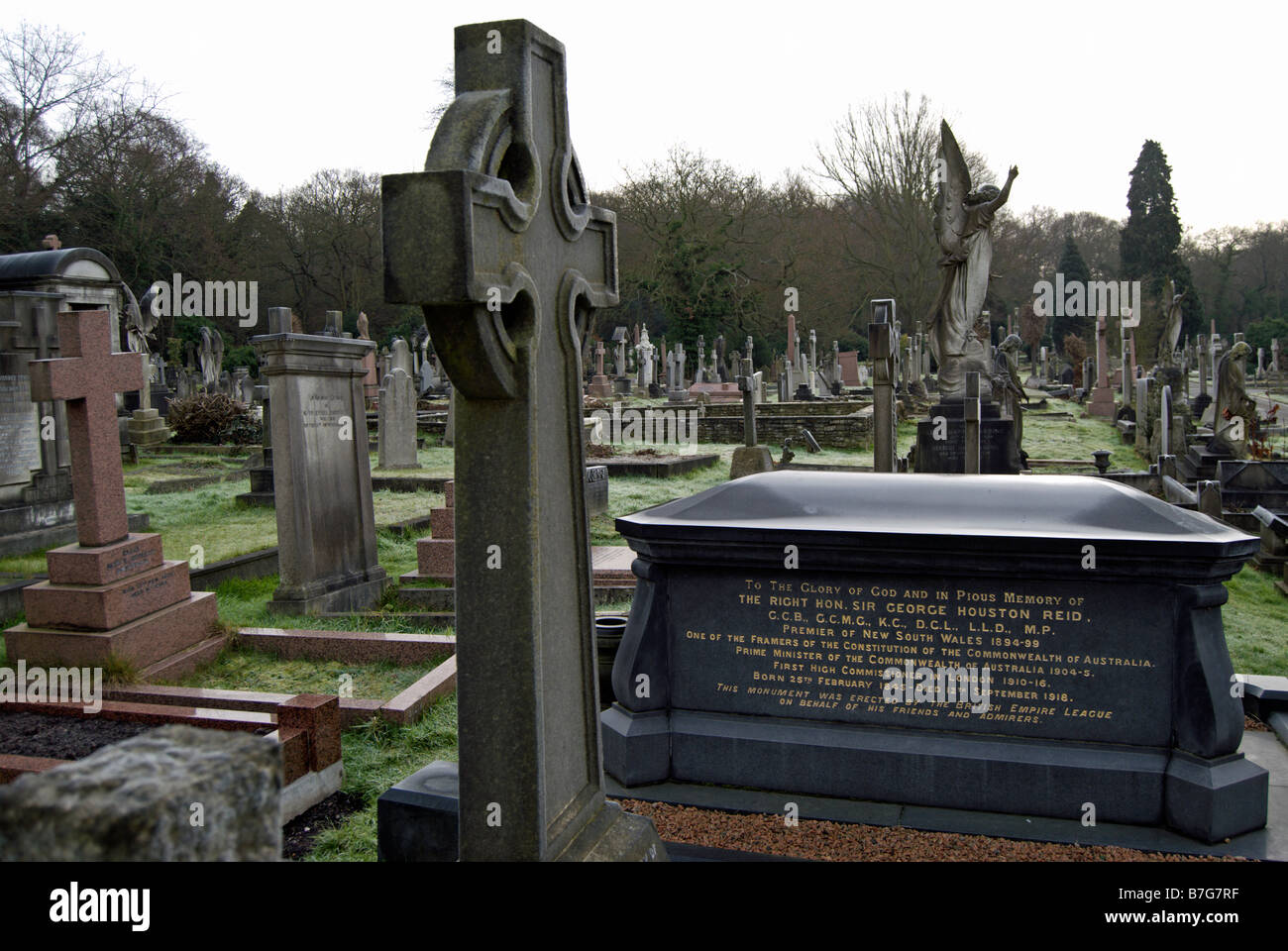 the sarcophagus of sir george houston reid, a prime minister of australia, amid other graves at putney vale cemetery, london, england Stock Photo